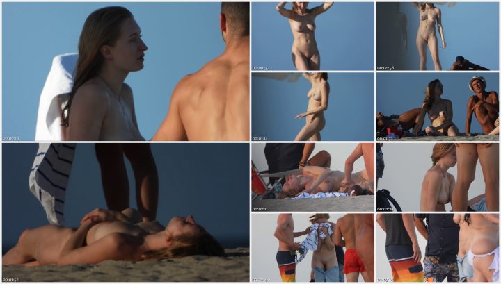 Nudists hugging their clothed friends on beach