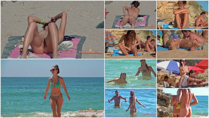 Shiny body of hot nudist woman on beach