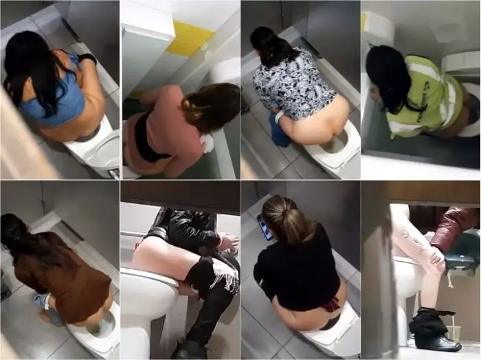 Attractive woman climbs the toilet to pee