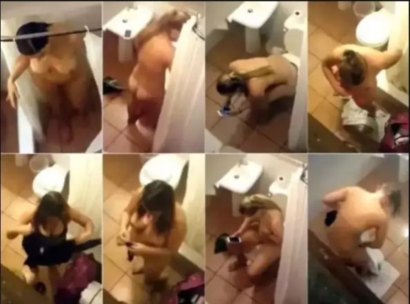 Naked ass bends over in hostel shower room