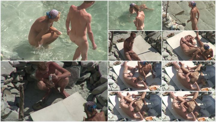 Nudist man likes to touch his naked wife on beach