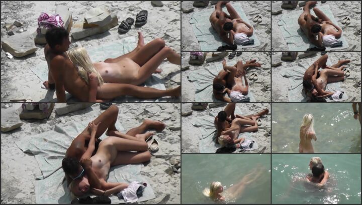 Horny couple fucking on a public beach